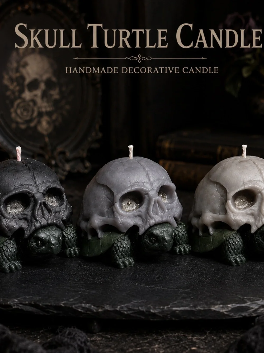 Set of 3 Halloween Skull Turtle Decorative Candle - Gray Green - Handmade